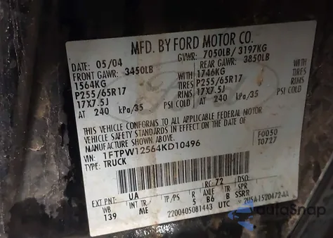 2004 Ford F-150 Lariat/Xlt z USA, uszkodzony, nr VIN 1FTPW12564KD10496